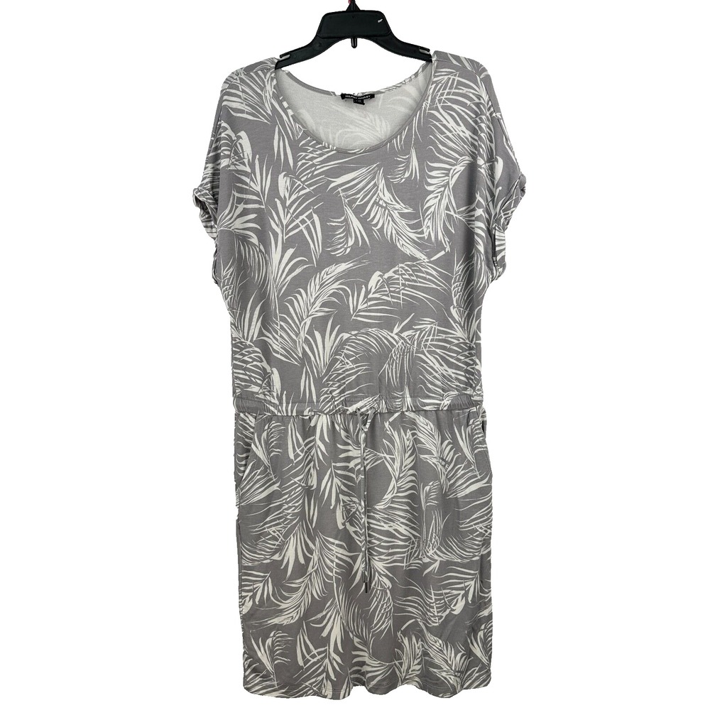Hilary Radley Floral Dress Womens L Gray White Leaf Print Casual‎ Travel Comfy